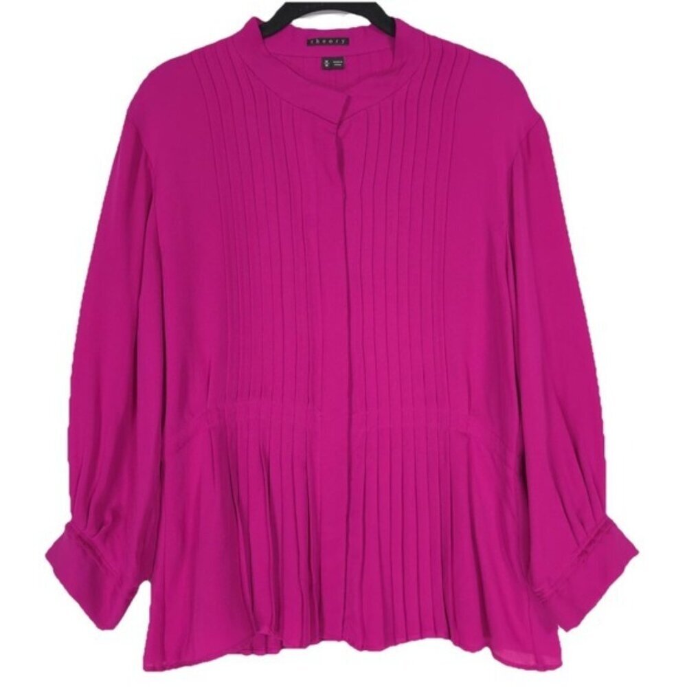 Theory Women's Top 100% SILK Pleated MEDIUM Shirt Hidden Button LS Pink‎ Fuchsia